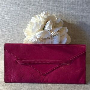 Tusk Pink Leather Envelope Clutch with Contrast Stitching